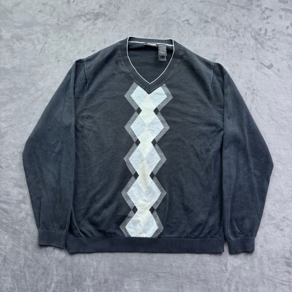 Claiborne Mens V-Neck Sweater Black Argyle Diamond Cotton Knit Pullover Large